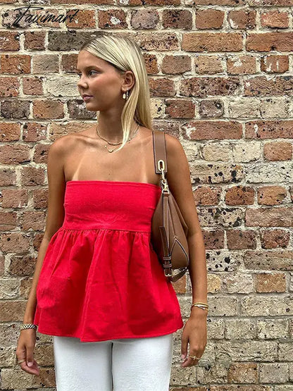 Women Sexy Strapless Solid Ruffle Short Top Fashion Off Shoulder Backless Sleeveless Tank Tops 2024 Summer Chic Lady Streetwear