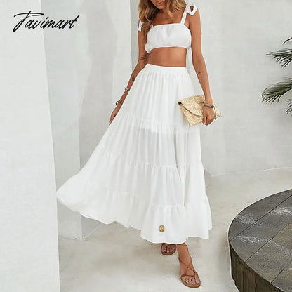 Women Skirts 2-Piece Set for Summer Skirt Sets new Spring Solid Short Bandeau Tops Elastic Waist Maxi Skirt Suits