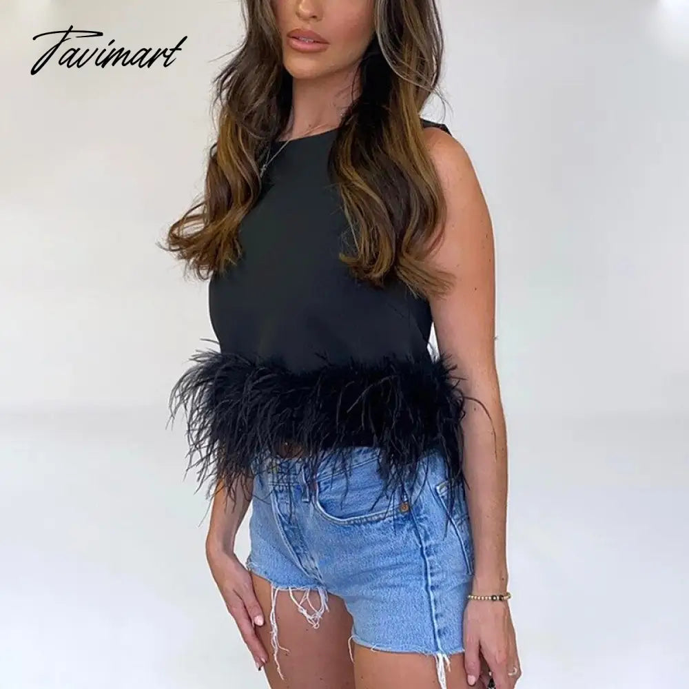 Women Sleeveless Crop Top Feathers Black Off Shoulder Summer White Cami Y2K Sexy Tank Tops Club Party