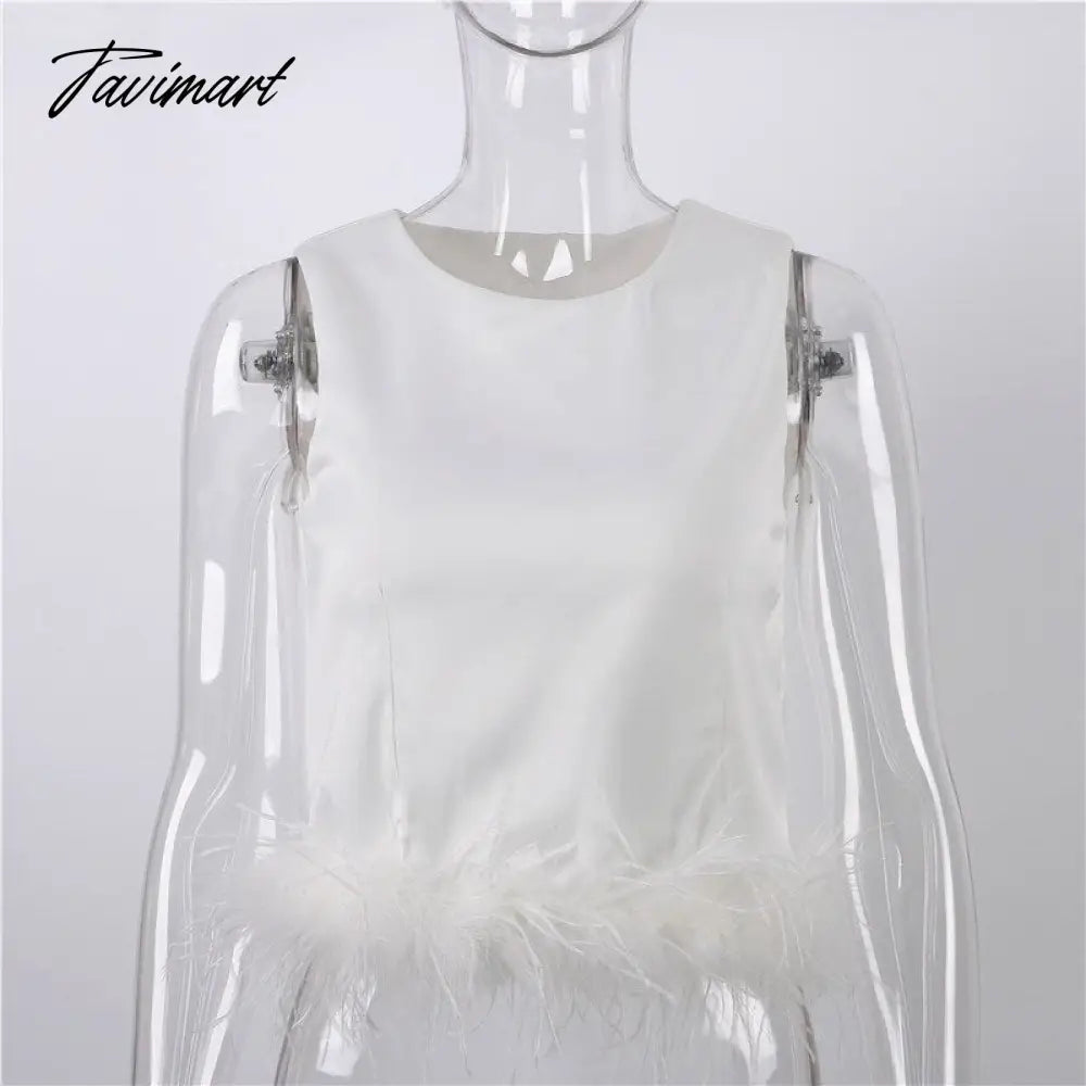 Women Sleeveless Crop Top Feathers Black Off Shoulder Summer White Cami Y2K Sexy Tank Tops Club Party