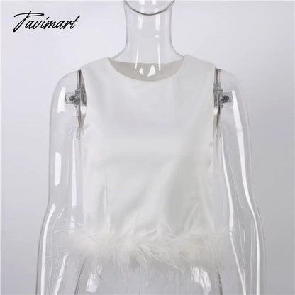 Women Sleeveless Crop Top Feathers Black Off Shoulder Summer White Cami Y2K Sexy Tank Tops Club Party