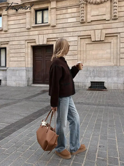 Women Solid Stand Collar Cropped Jackets Casual Long Sleeve Single Breasted Loose Coats Fashion Autumn Commute Office Streetwear