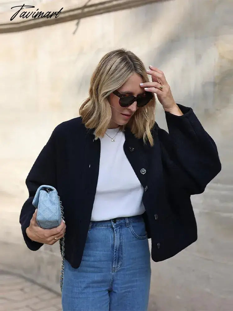 Women Solid Stand Collar Cropped Jackets Casual Long Sleeve Single Breasted Loose Coats Fashion Autumn Commute Office Streetwear