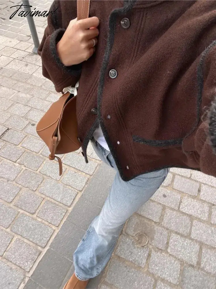 Women Solid Stand Collar Cropped Jackets Casual Long Sleeve Single Breasted Loose Coats Fashion Autumn Commute Office Streetwear