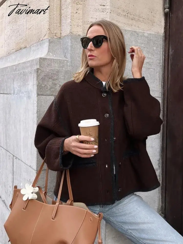 Women Solid Stand Collar Cropped Jackets Casual Long Sleeve Single Breasted Loose Coats Fashion Autumn Commute Office Streetwear