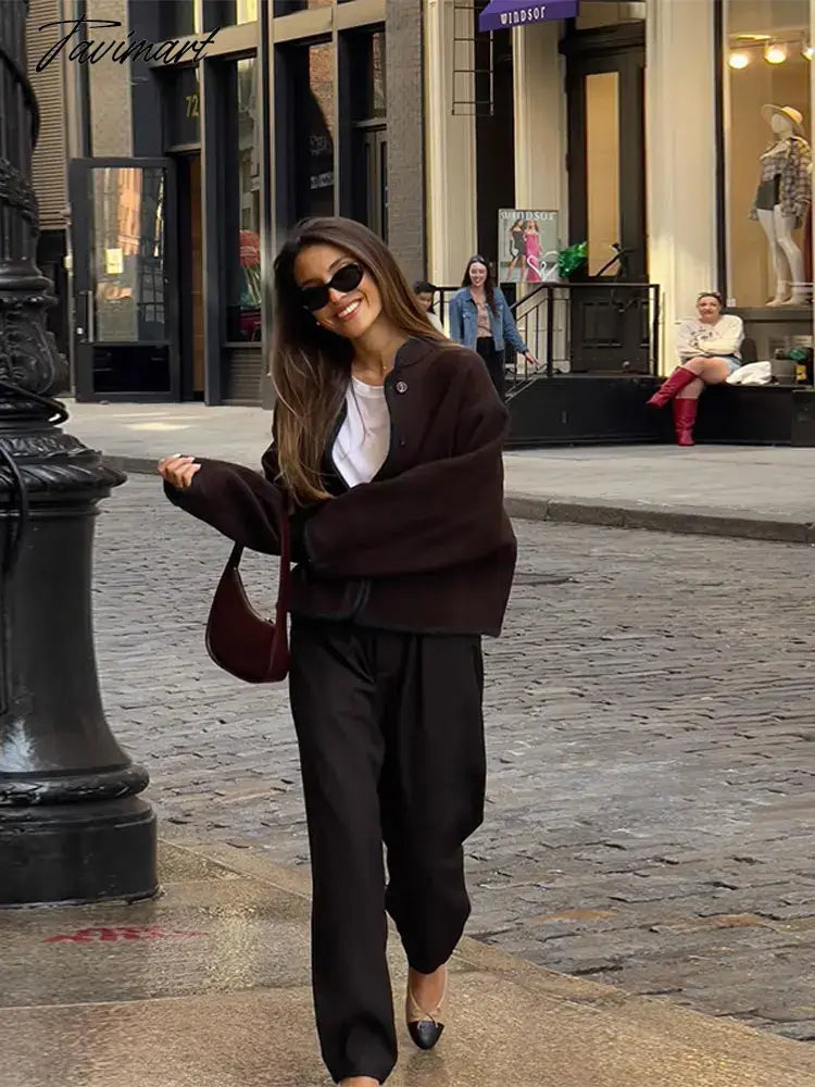 Women Solid Stand Collar Cropped Jackets Casual Long Sleeve Single Breasted Loose Coats Fashion Autumn Commute Office Streetwear
