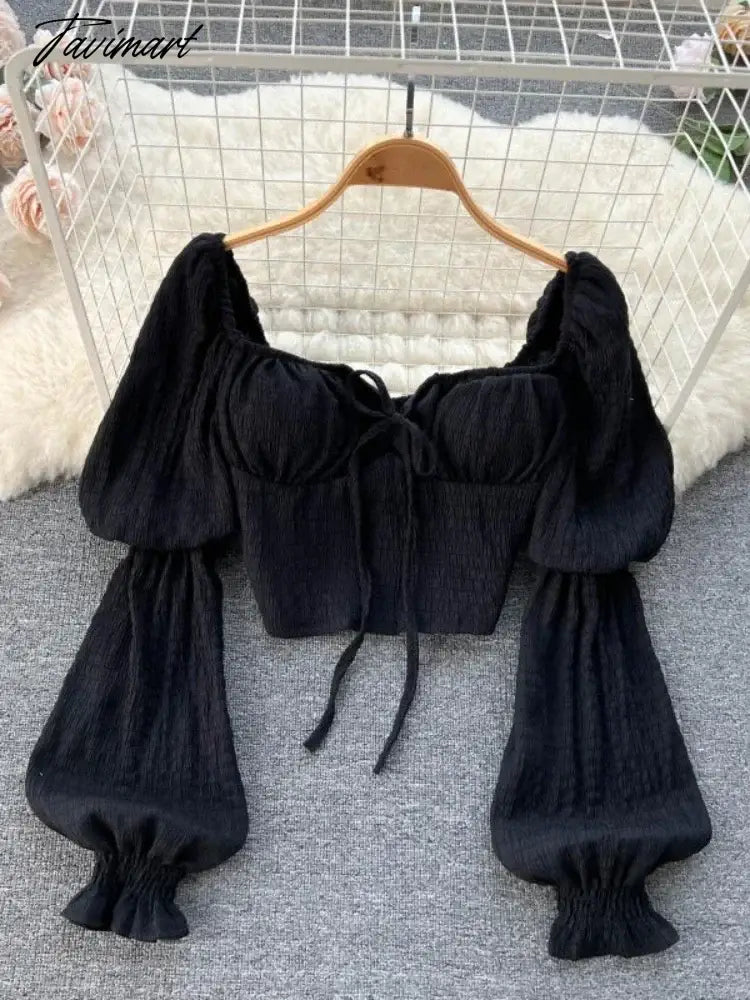 Women Square Collar Shirt Korean White Crop Top Spring Autumn Bubble Long Sleeve Sexy Bra Tank Tops