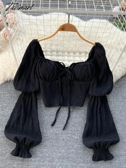 Women Square Collar Shirt Korean White Crop Top Spring Autumn Bubble Long Sleeve Sexy Bra Tank Tops