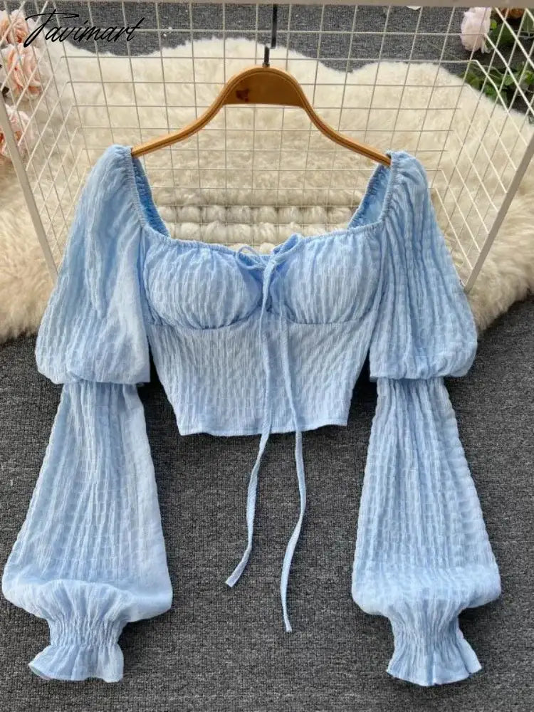 Women Square Collar Shirt Korean White Crop Top Spring Autumn Bubble Long Sleeve Sexy Bra Tank Tops