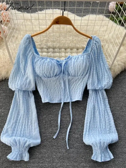 Women Square Collar Shirt Korean White Crop Top Spring Autumn Bubble Long Sleeve Sexy Bra Tank Tops