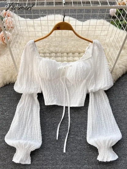 Women Square Collar Shirt Korean White Crop Top Spring Autumn Bubble Long Sleeve Sexy Bra Tank Tops