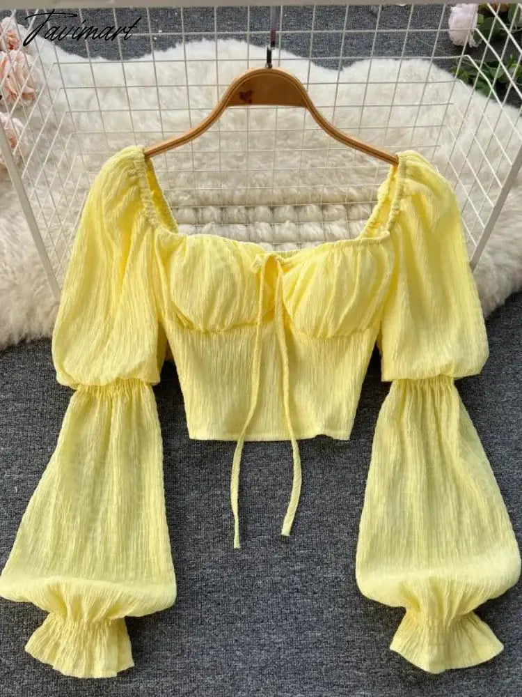 Women Square Collar Shirt Korean White Crop Top Spring Autumn Bubble Long Sleeve Sexy Bra Tank Tops