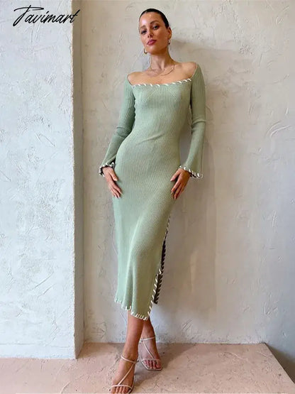 Women Square Collar Split Knitted Maxi Dresses Long Sleeve Off Shoulder Slim Vestidos Winter Sexy Fashion Vacation Robes