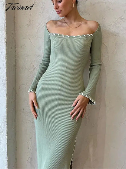 Women Square Collar Split Knitted Maxi Dresses Long Sleeve Off Shoulder Slim Vestidos Winter Sexy Fashion Vacation Robes