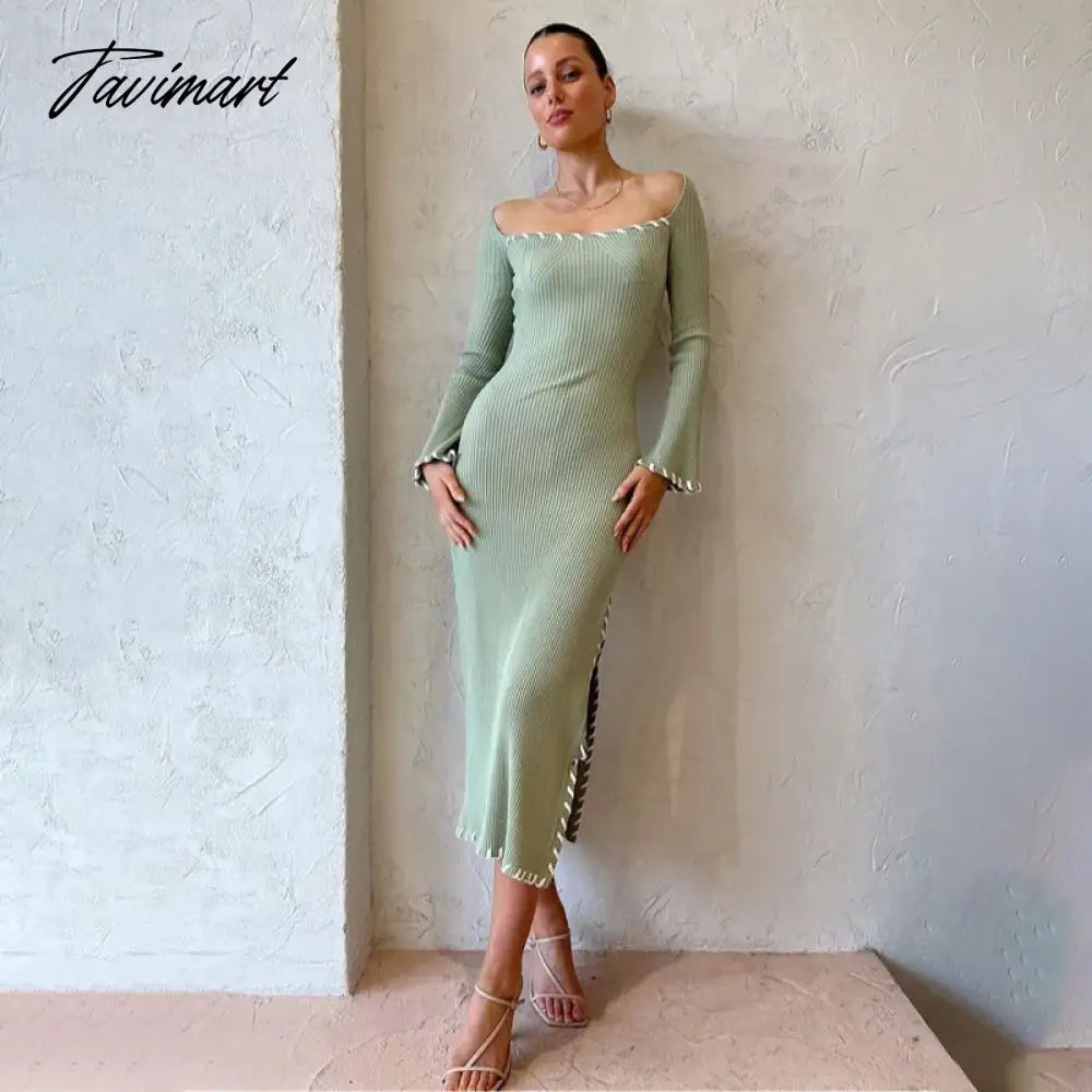 Women Square Collar Split Knitted Maxi Dresses Long Sleeve Off Shoulder Slim Vestidos Winter Sexy Fashion Vacation Robes