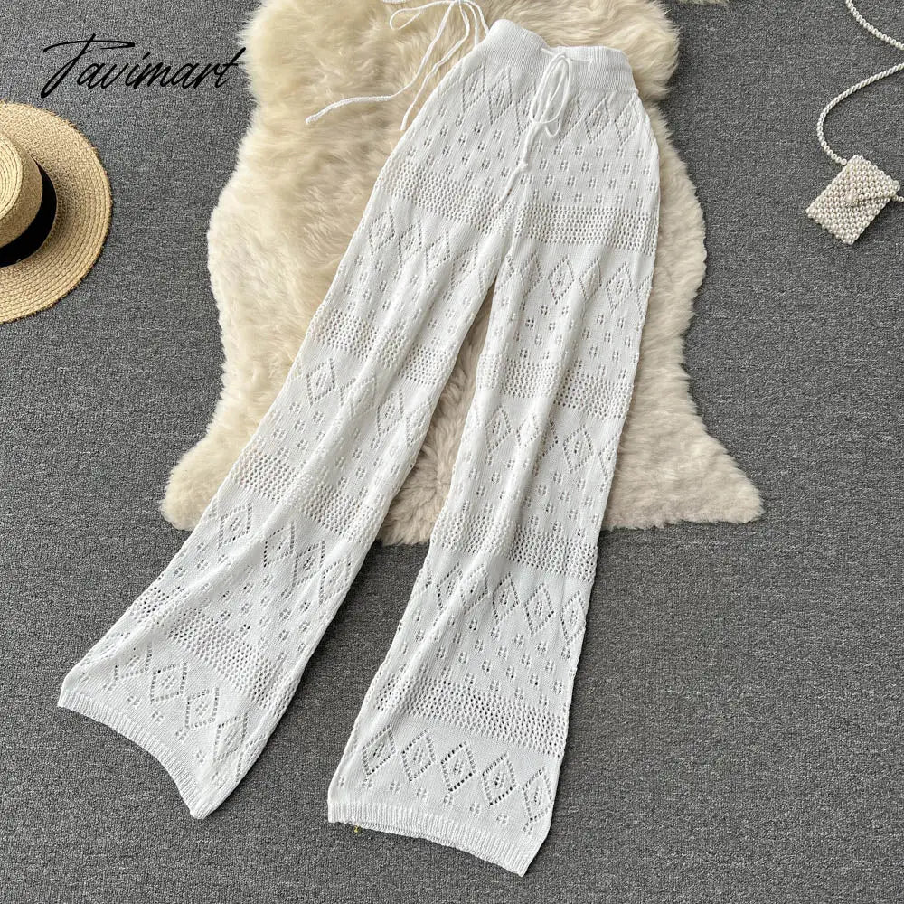 Women Summer Knitted Pants Set Halter Short Tops & Hollow Wide Leg Long Pants Sets Beach Sexy Backless Two Piece Suits