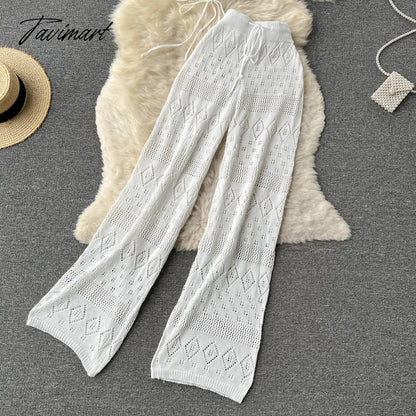 Women Summer Knitted Pants Set Halter Short Tops & Hollow Wide Leg Long Pants Sets Beach Sexy Backless Two Piece Suits