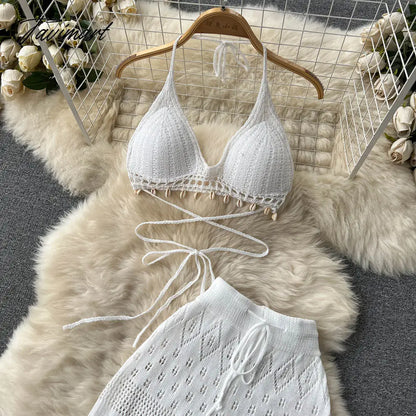 Women Summer Knitted Pants Set Halter Short Tops & Hollow Wide Leg Long Pants Sets Beach Sexy Backless Two Piece Suits