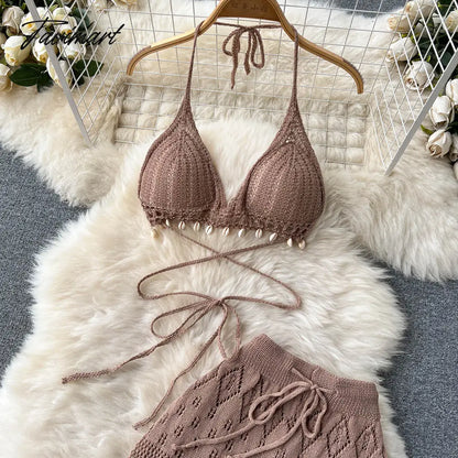 Women Summer Knitted Pants Set Halter Short Tops & Hollow Wide Leg Long Pants Sets Beach Sexy Backless Two Piece Suits