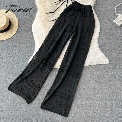 Women Summer Knitted Pants Set Halter Short Tops & Hollow Wide Leg Long Pants Sets Beach Sexy Backless Two Piece Suits