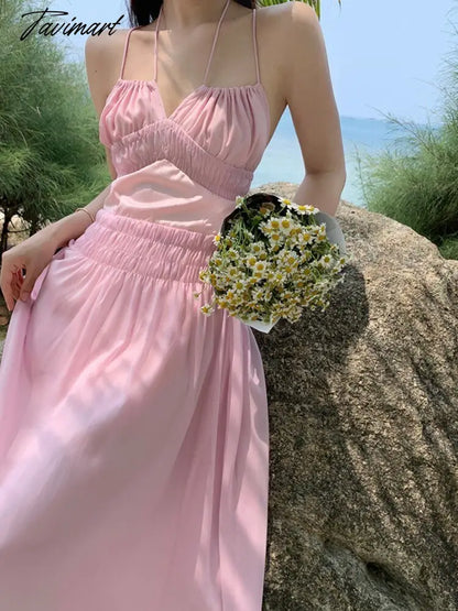 Women Summer Pink Sweet High Waist Holiday Dress Female Slim Koream Fashion A-line Beach strap Dress