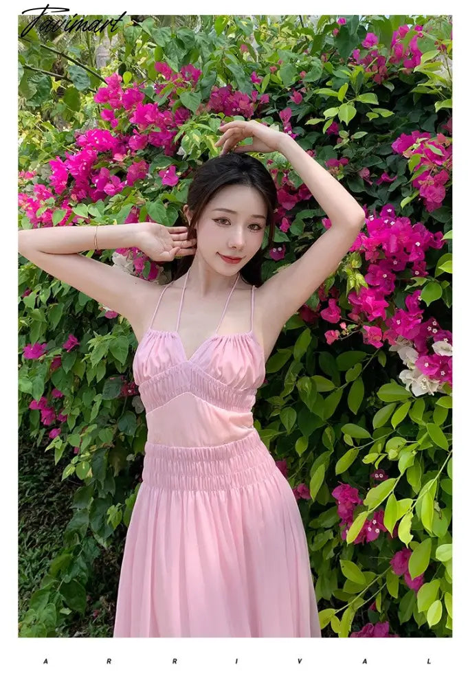 Women Summer Pink Sweet High Waist Holiday Dress Female Slim Koream Fashion A-line Beach strap Dress