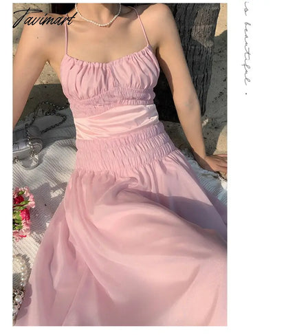 Women Summer Pink Sweet High Waist Holiday Dress Female Slim Koream Fashion A-line Beach strap Dress