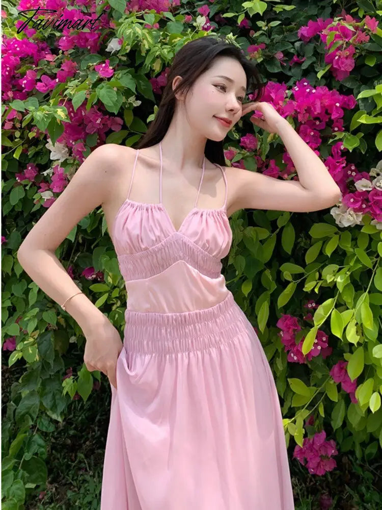 Women Summer Pink Sweet High Waist Holiday Dress Female Slim Koream Fashion A-line Beach strap Dress