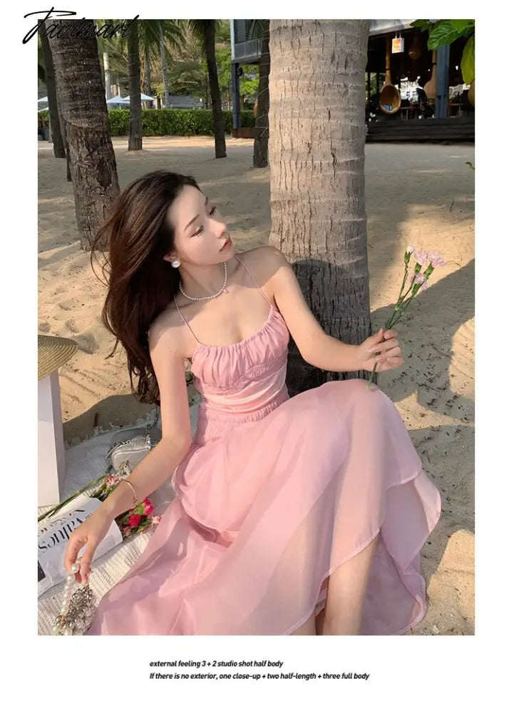 Women Summer Pink Sweet High Waist Holiday Dress Female Slim Koream Fashion A-line Beach strap Dress