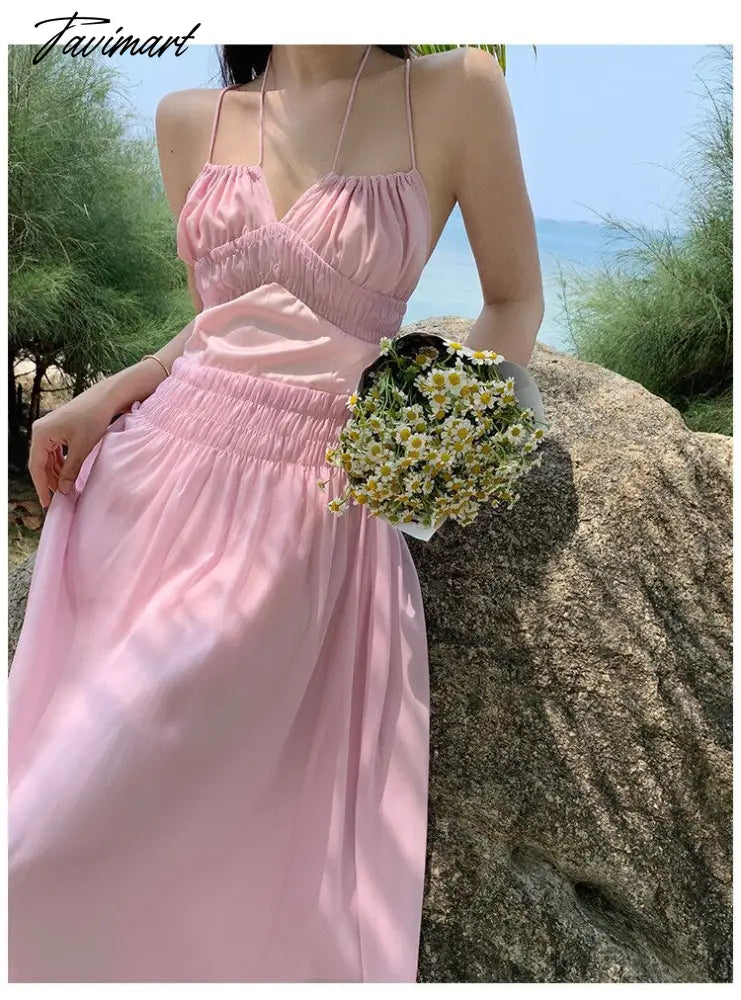 Women Summer Pink Sweet High Waist Holiday Dress Female Slim Koream Fashion A-line Beach strap Dress
