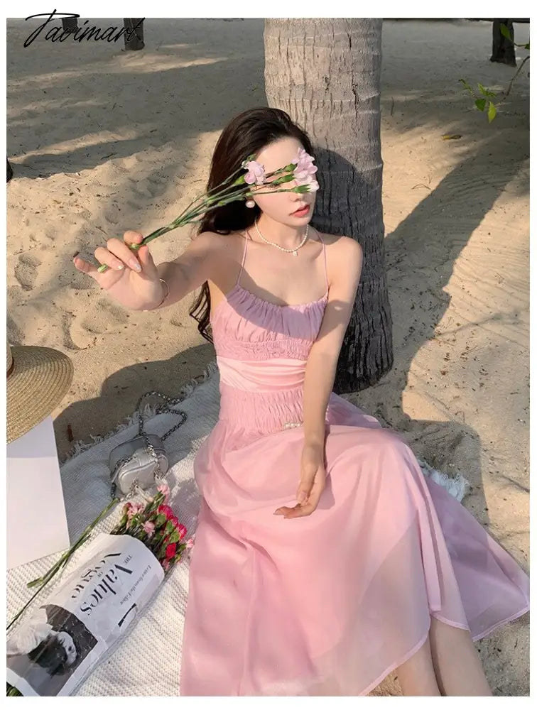 Women Summer Pink Sweet High Waist Holiday Dress Female Slim Koream Fashion A-line Beach strap Dress