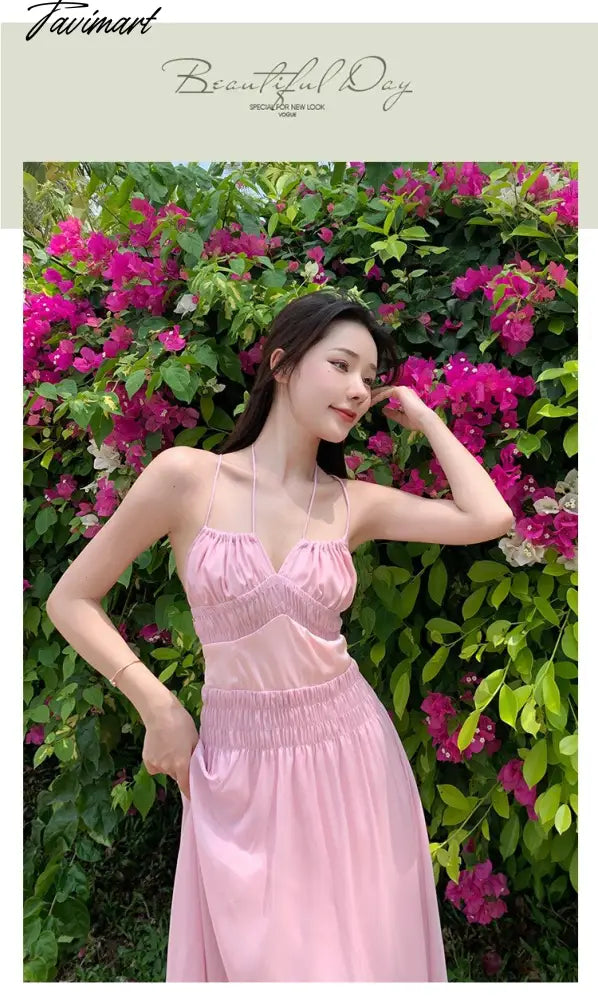 Women Summer Pink Sweet High Waist Holiday Dress Female Slim Koream Fashion A-line Beach strap Dress