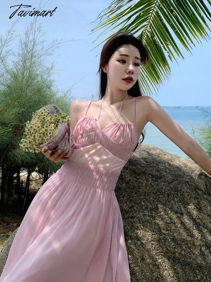 Women Summer Pink Sweet High Waist Holiday Dress Female Slim Koream Fashion A-line Beach strap Dress