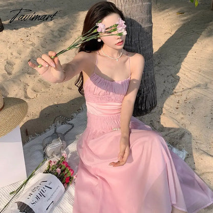 Women Summer Pink Sweet High Waist Holiday Dress Female Slim Koream Fashion A-line Beach strap Dress