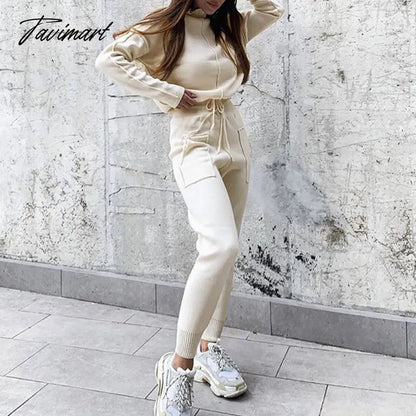 Women Sweater Suit Track Costume 2 Pieces Sets Casual Autumn Winter Turtleneck Pullovers And Long Knitted Pants Knitted Sets