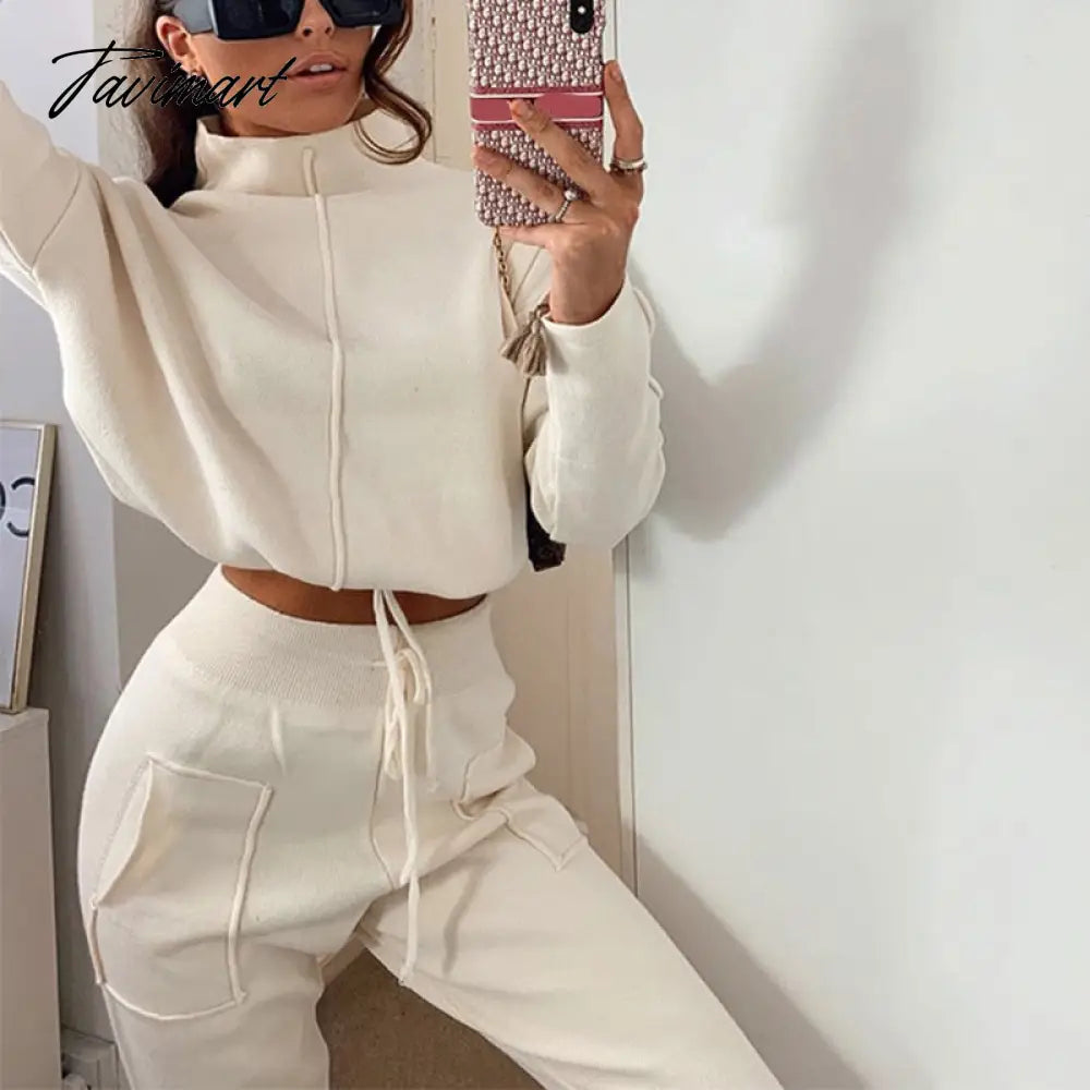 Women Sweater Suit Track Costume 2 Pieces Sets Casual Autumn Winter Turtleneck Pullovers And Long Knitted Pants Knitted Sets