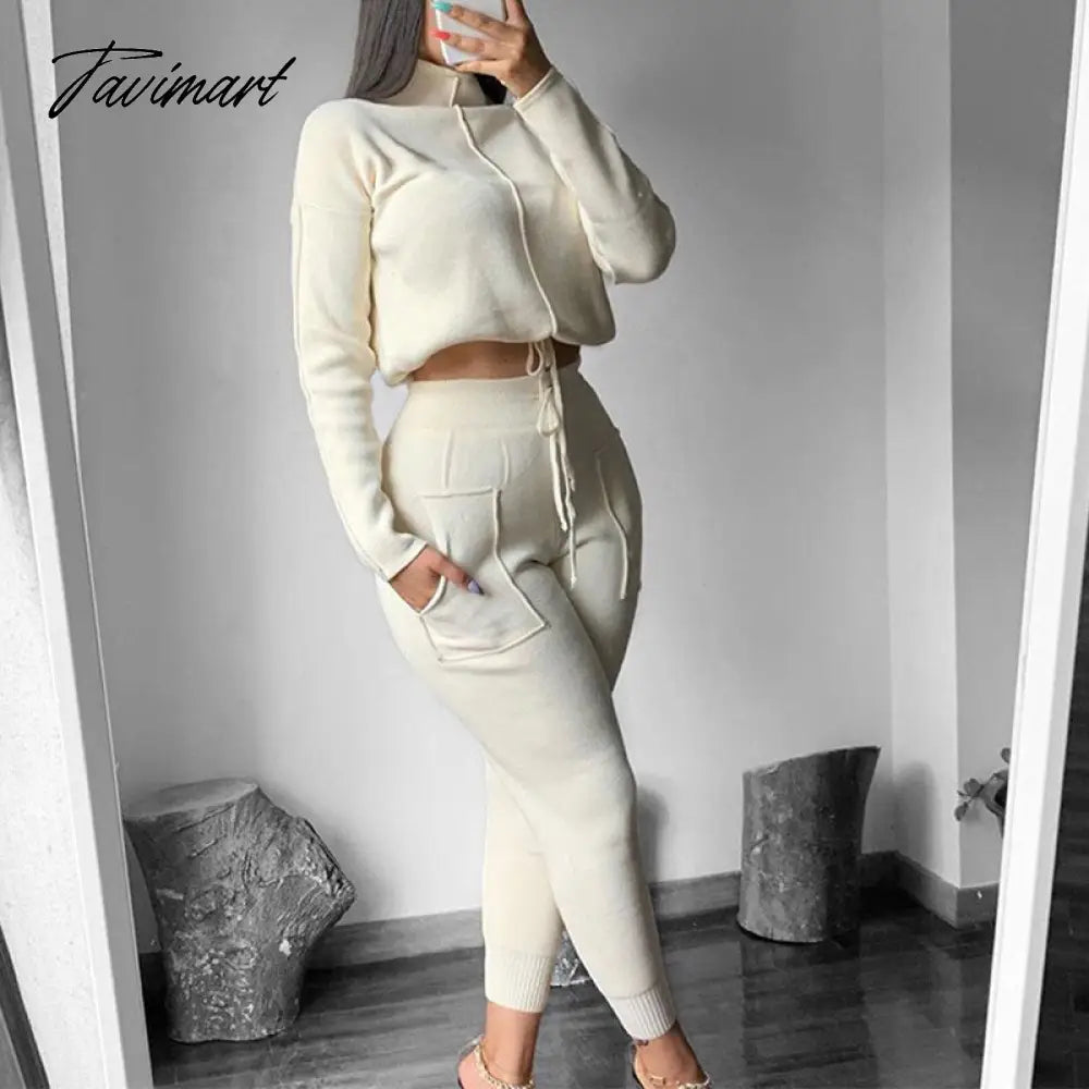 Women Sweater Suit Track Costume 2 Pieces Sets Casual Autumn Winter Turtleneck Pullovers And Long Knitted Pants Knitted Sets