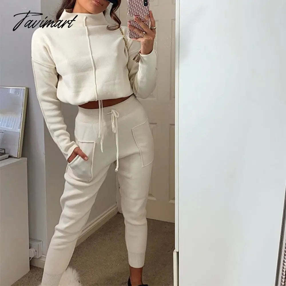 Women Sweater Suit Track Costume 2 Pieces Sets Casual Autumn Winter Turtleneck Pullovers And Long Knitted Pants Knitted Sets