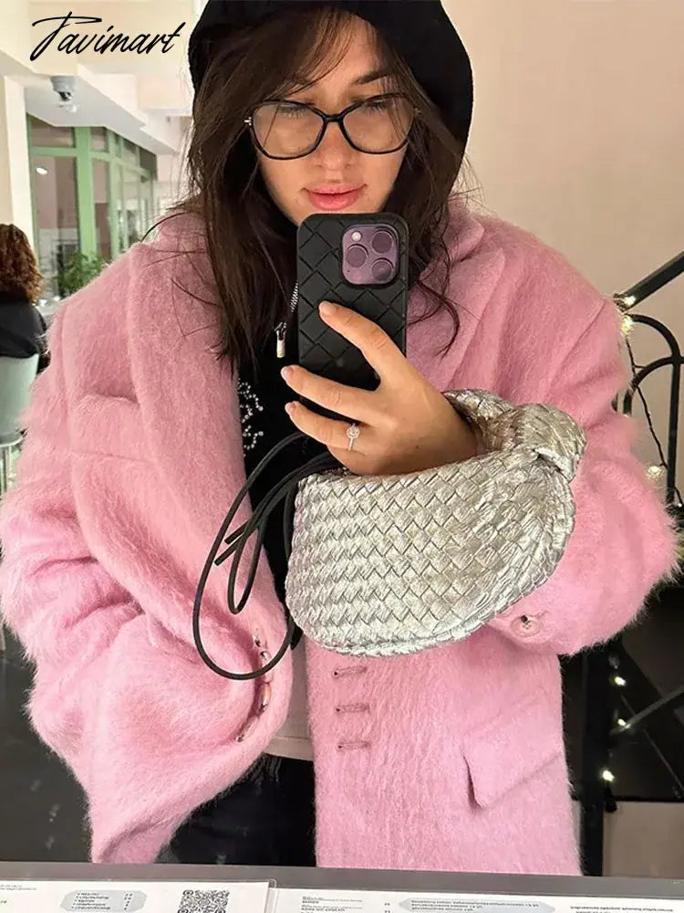 Women Sweety Pink Lapel Wool Jackets Long Sleeve Single Breasted Pockets Coat Autumn Female Office Commuter Outwear