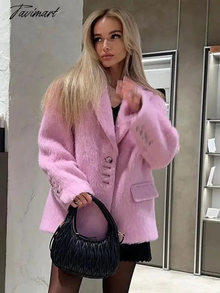 Women Sweety Pink Lapel Wool Jackets Long Sleeve Single Breasted Pockets Coat Autumn Female Office Commuter Outwear