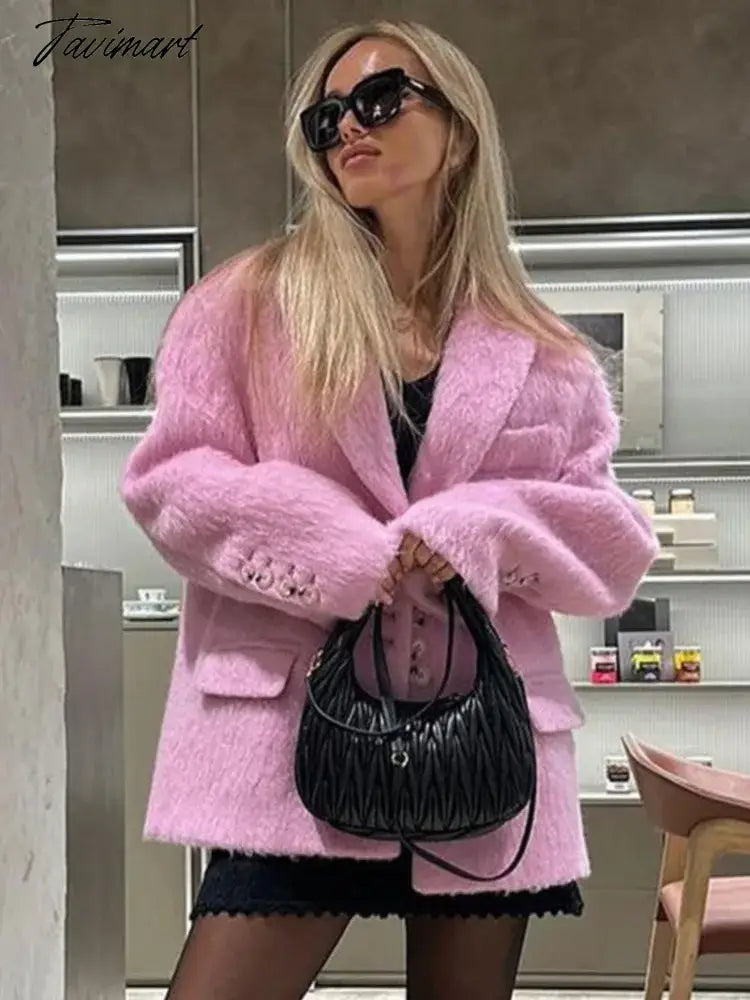 Women Sweety Pink Lapel Wool Jackets Long Sleeve Single Breasted Pockets Coat Autumn Female Office Commuter Outwear