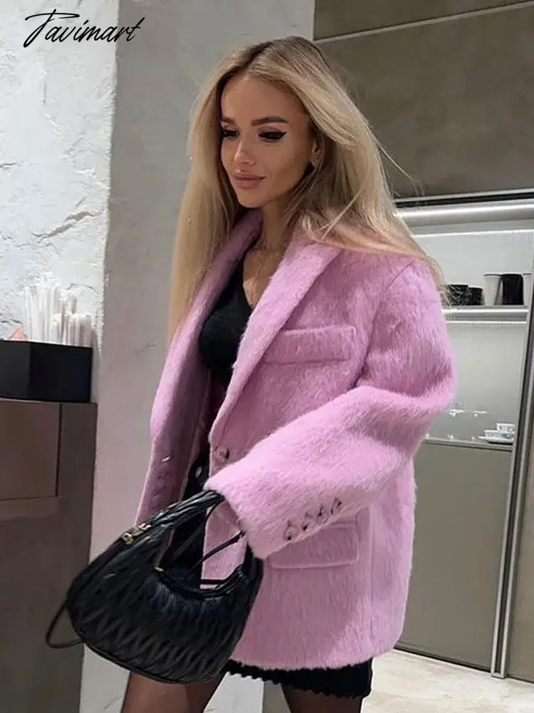 Women Sweety Pink Lapel Wool Jackets Long Sleeve Single Breasted Pockets Coat Autumn Female Office Commuter Outwear