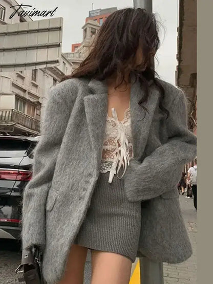 Women Sweety Pink Lapel Wool Jackets Long Sleeve Single Breasted Pockets Coat Autumn Female Office Commuter Outwear