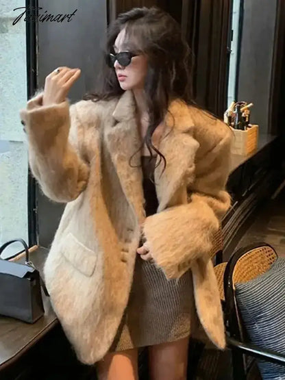 Women Sweety Pink Lapel Wool Jackets Long Sleeve Single Breasted Pockets Coat Autumn Female Office Commuter Outwear