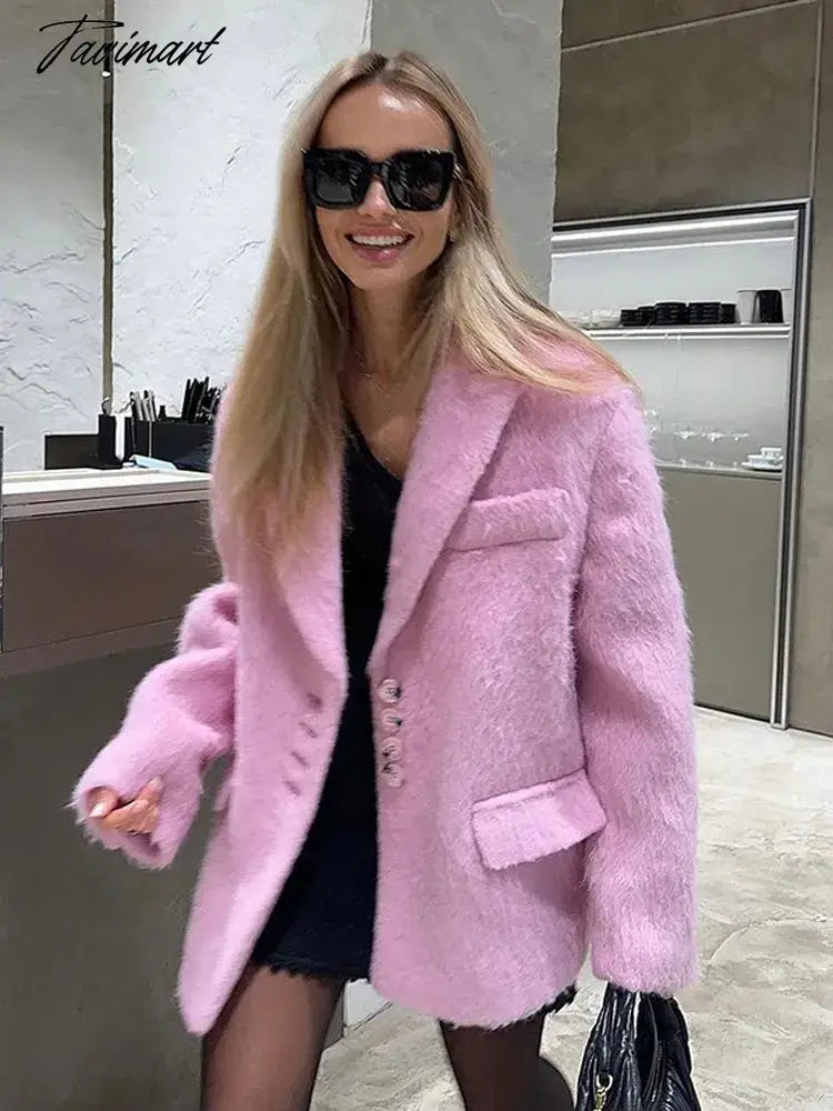Women Sweety Pink Lapel Wool Jackets Long Sleeve Single Breasted Pockets Coat Autumn Female Office Commuter Outwear