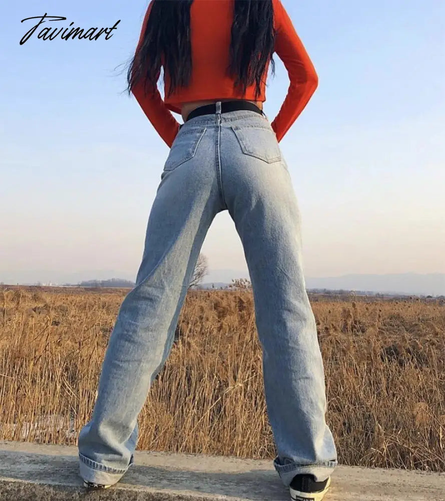 Women Vintage High Waist Straight Leg Jeans Blue Wide Leg Jean