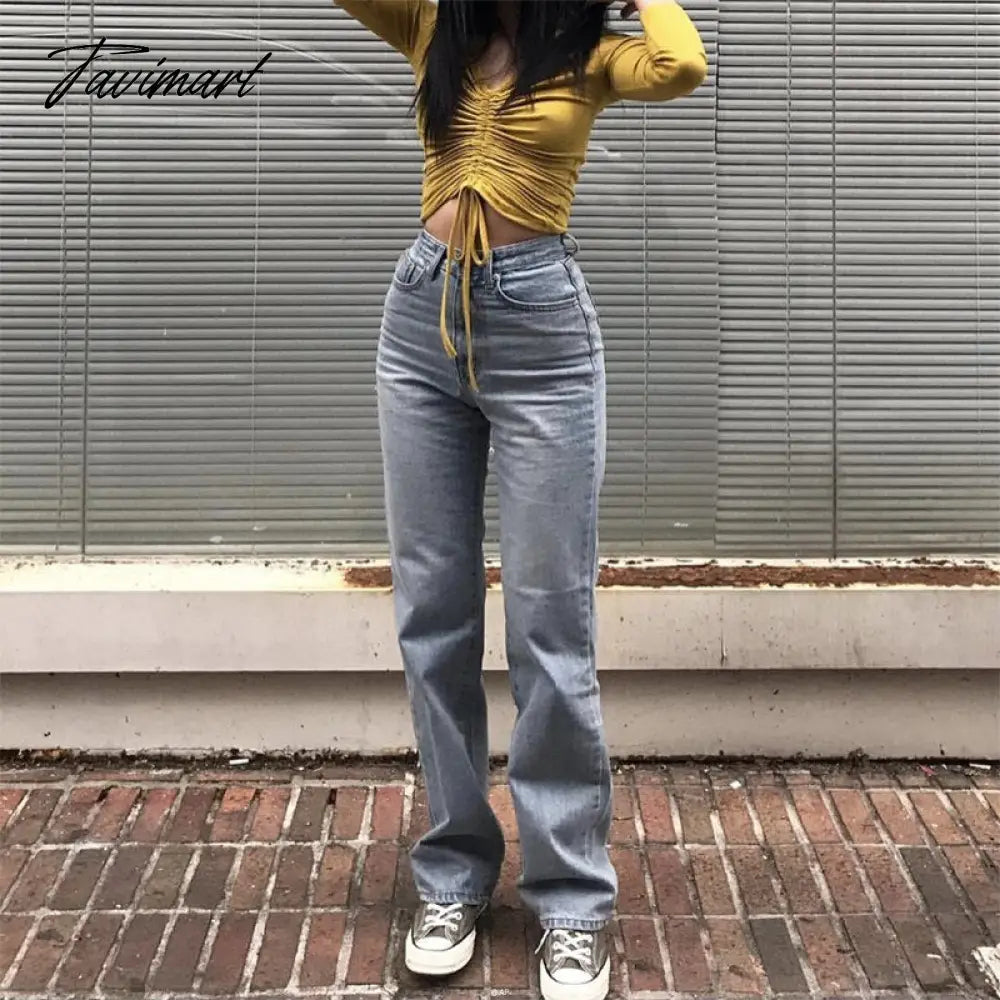 Women Vintage High Waist Straight Leg Jeans Blue Wide Leg Jean