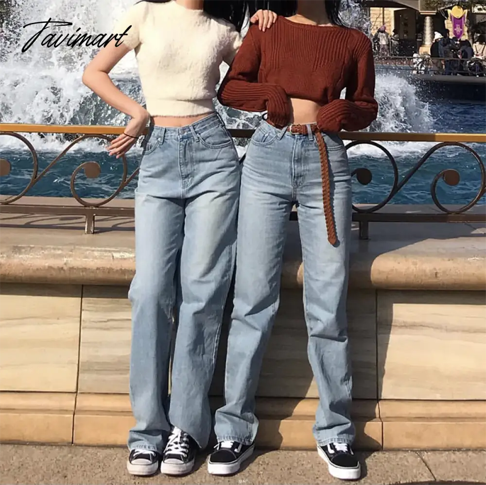 Women Vintage High Waist Straight Leg Jeans Blue Wide Leg Jean
