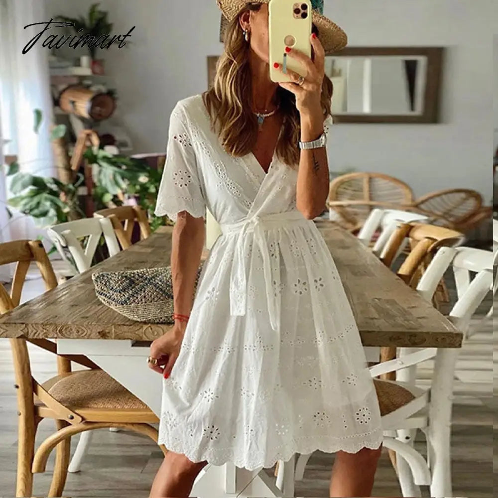Women Vintage Short Sleeve Tie-Up White Dress Lady Hollow Out Pattern Solid Midi Dress New Elegant V-Neck Lace Embroidered Dress