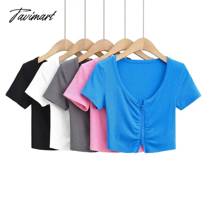 Women Zip Through Ruched Crop T-Shirt